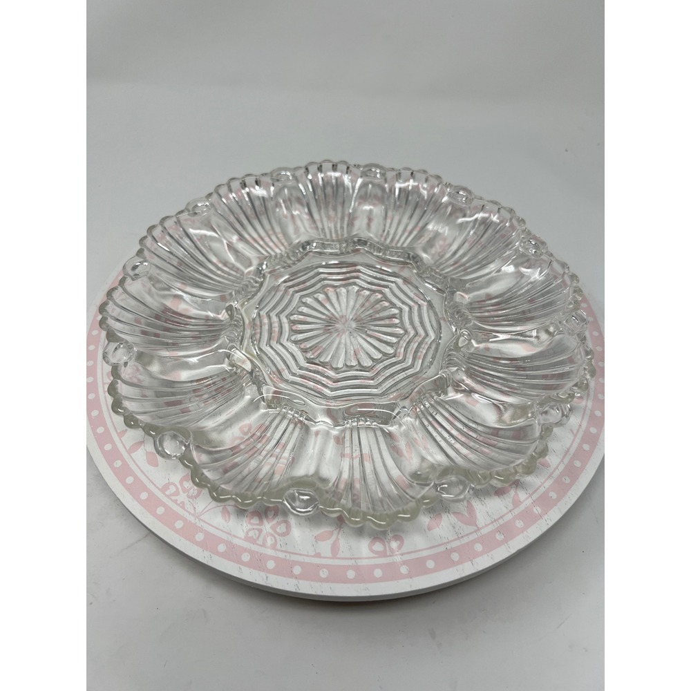 FEDERAL‎ GLASS Deviled Egg Plate Clear Ribbed Sunburst Scalloped 10 Inch 12 Slot